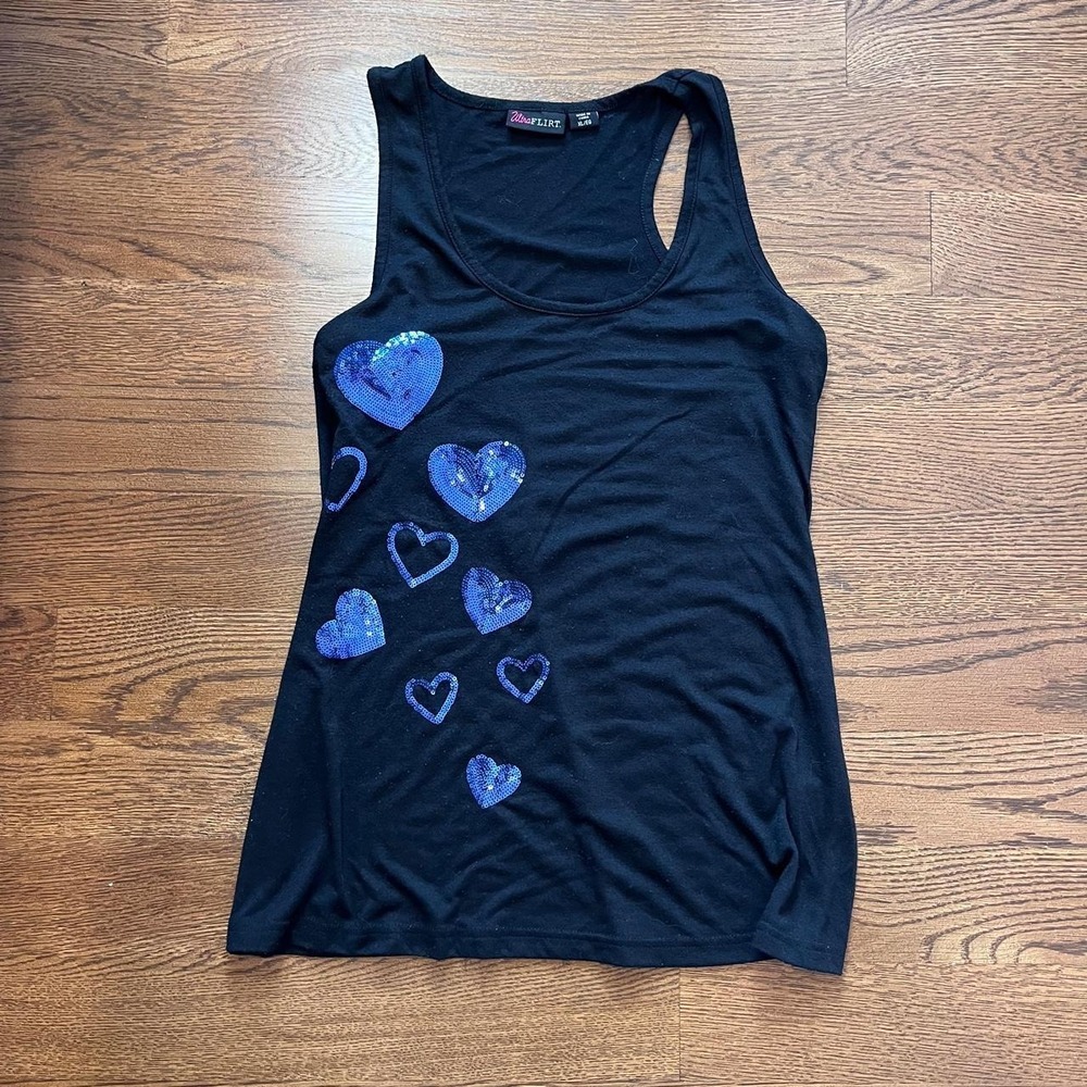 y2k vintage women's black & blue sequin heart flowy tank xl